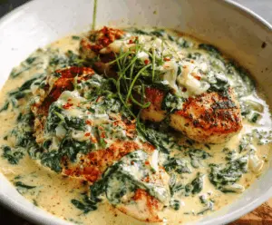 Creamy spinach chicken dish with tender chicken breasts and fresh spinach in a rich, creamy sauce.