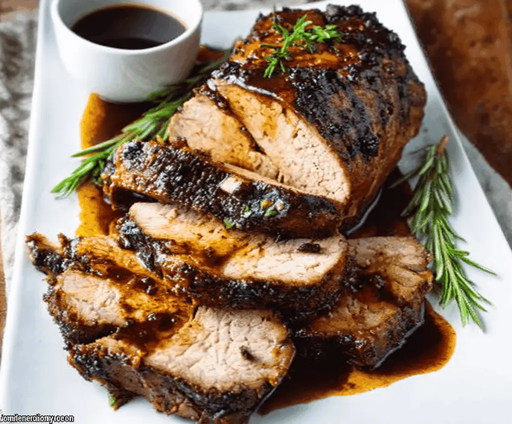 Juicy Crock Pot garlic balsamic pork loin garnished with herbs, perfect for a flavorful dinner.