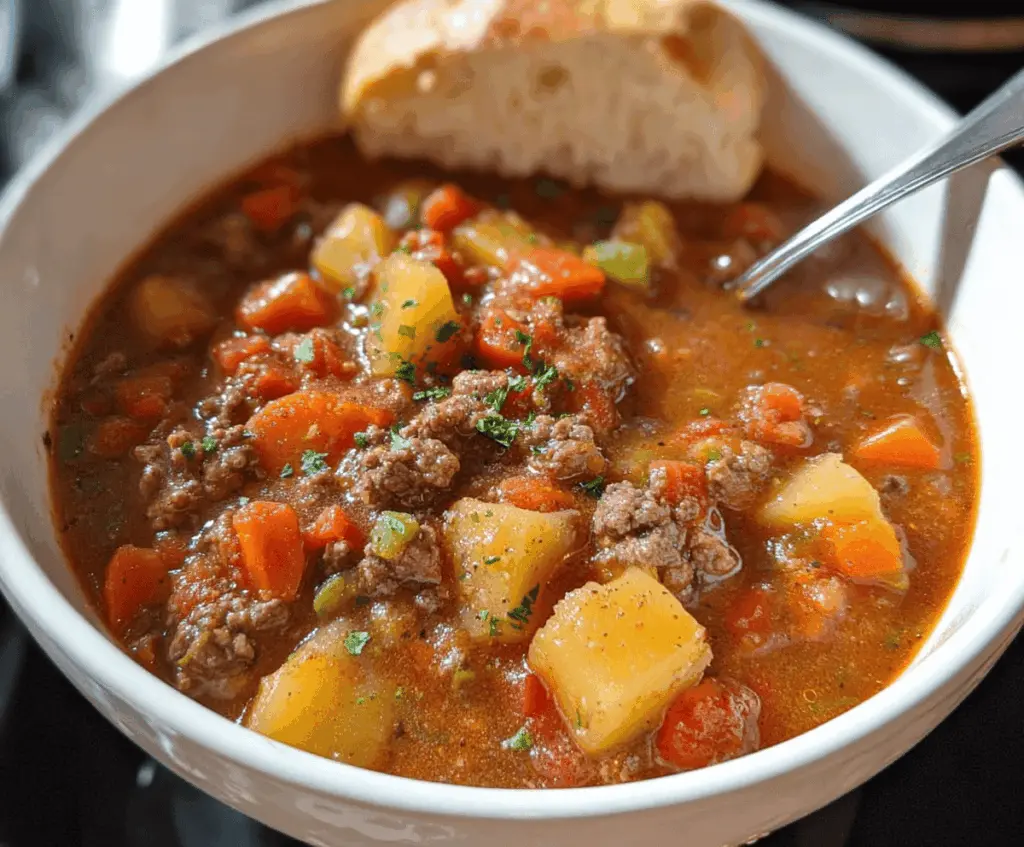 Hearty Crock Pot Hamburger Stew with tender ground beef, vegetables, and savory broth in a slow cooker