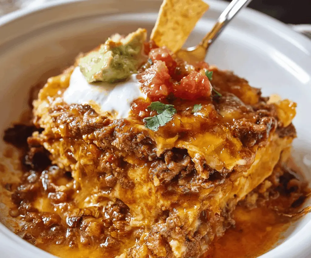 Delicious crockpot beef enchilada casserole topped with melted cheese and fresh cilantro.