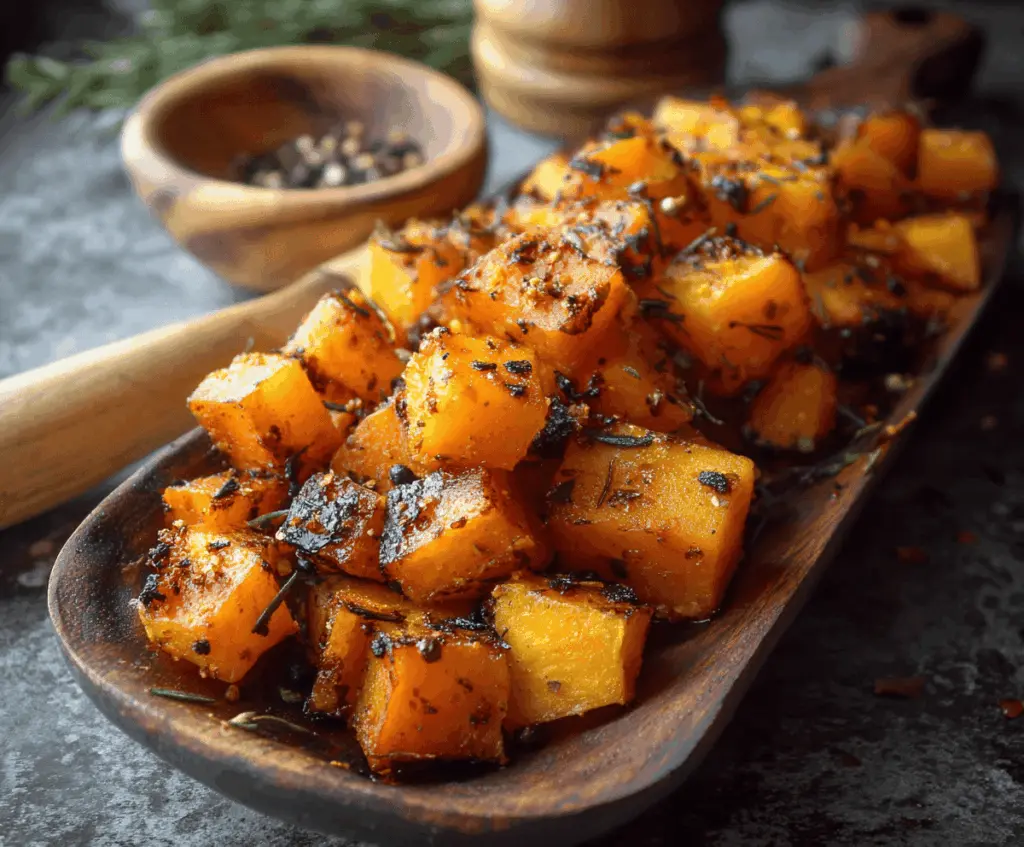 Creamy roasted butternut squash cut into cubes, showcasing its vibrant orange color and tender texture, perfect for fall recipes.