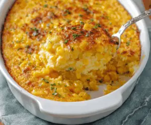 Creamy corn casserole in a baking dish, perfect for Thanksgiving dinner, with a golden, bubbly top and creamy texture