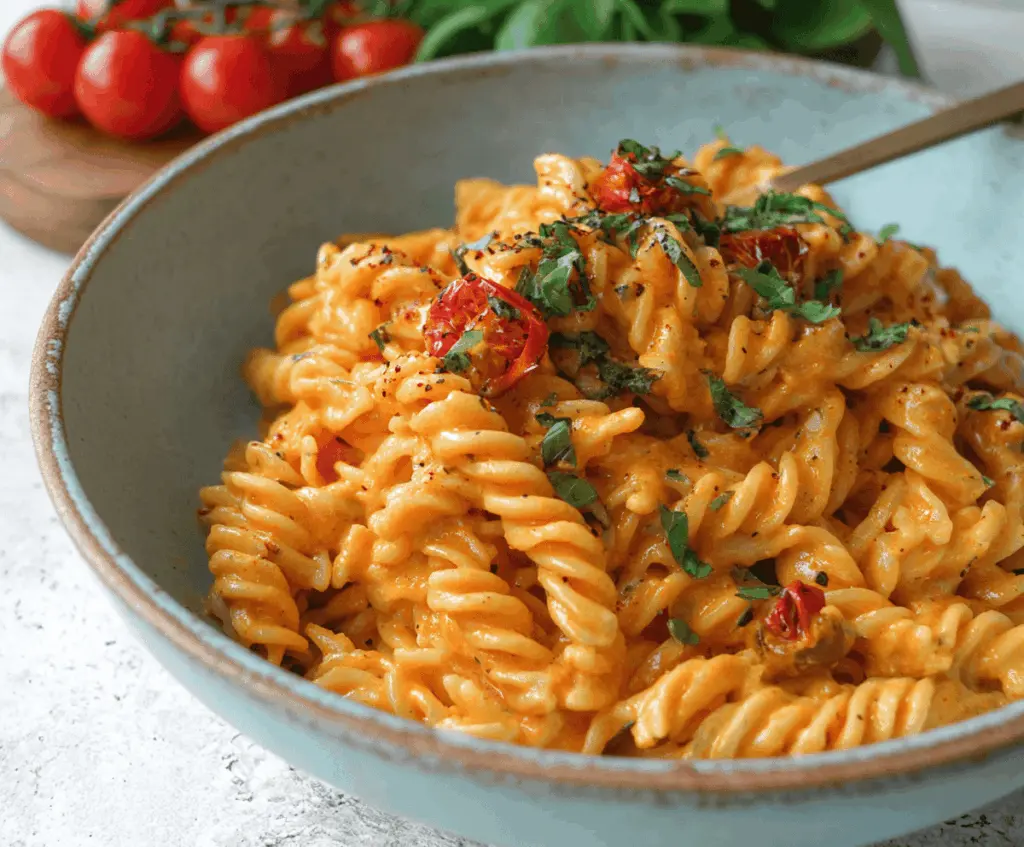 Creamy vegan one-pot pasta served in a bowl with fresh herbs and cherry tomatoes, easy and quick plant-based dinner option