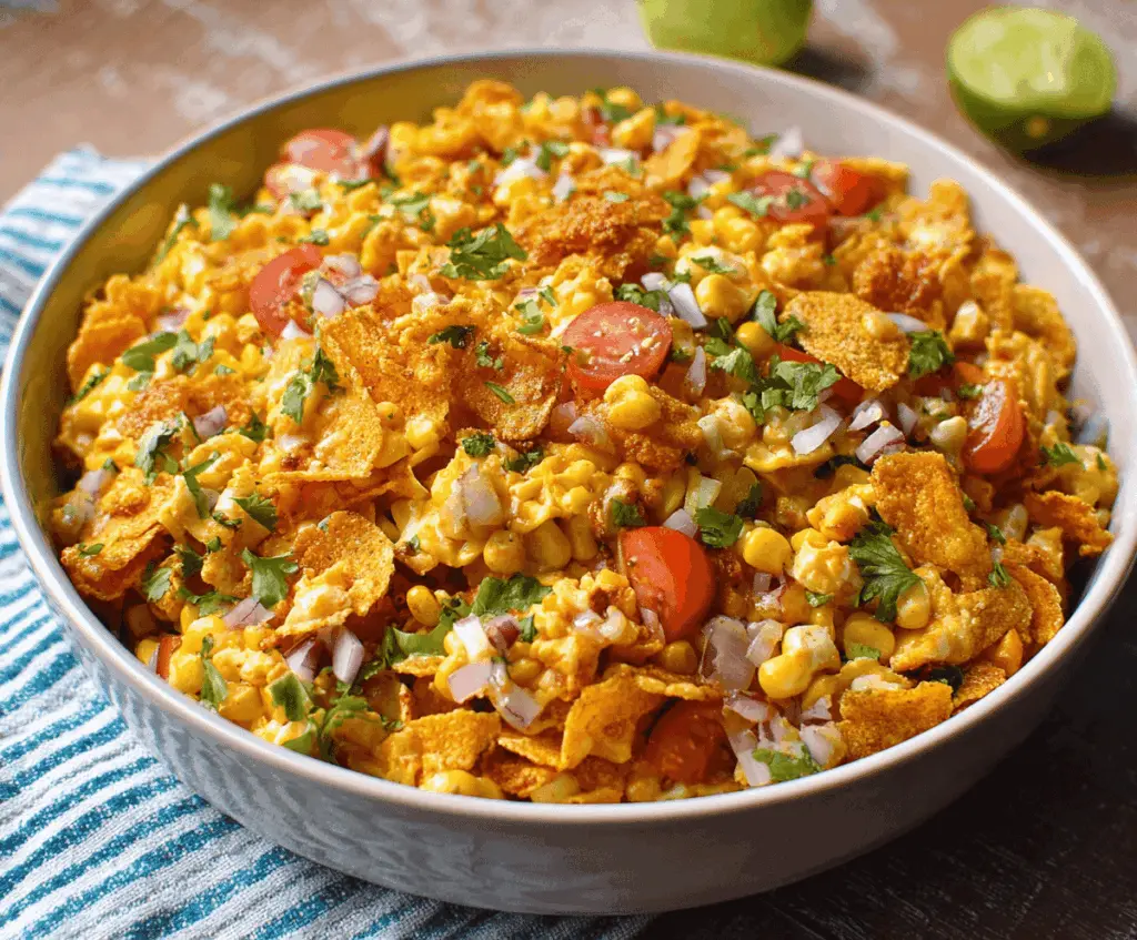 A vibrant bowl of easy Frito corn salad with crispy Fritos, fresh corn kernels, diced tomatoes, chopped green onions, and shredded cheese, perfect for a delicious and simple summer side dish.
