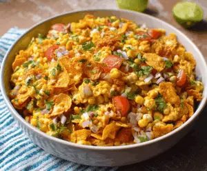 A vibrant bowl of easy Frito corn salad with crispy Fritos, fresh corn kernels, diced tomatoes, chopped green onions, and shredded cheese, perfect for a delicious and simple summer side dish.