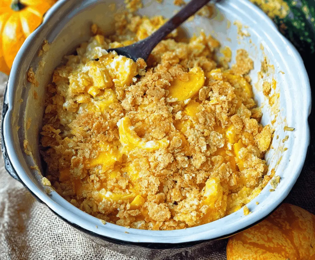 Delicious easy slow cooker squash casserole topped with crispy Ritz crackers, perfect for a comforting family dinner