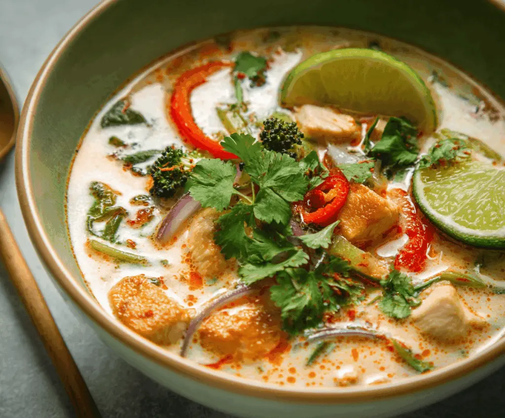 Creamy Thai coconut chicken soup with tender chicken, fresh herbs, and vibrant vegetables in a rich coconut milk broth