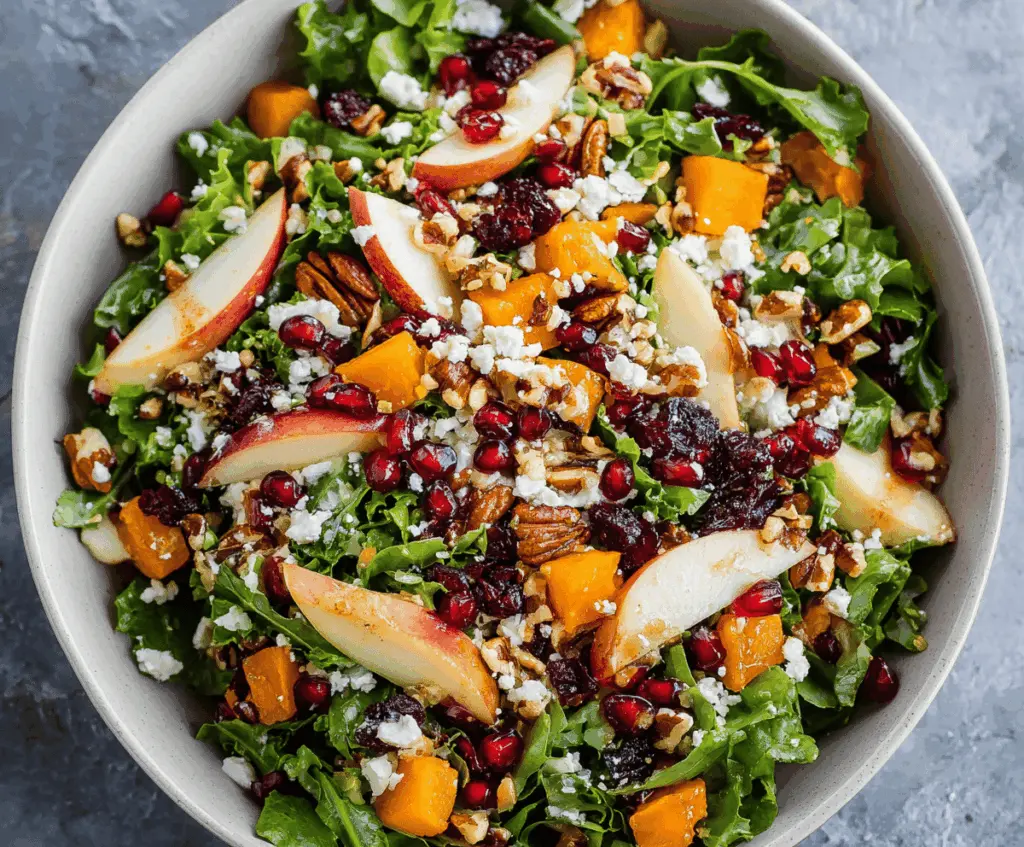 Colorful Healthy Fall Harvest Salad with mixed greens, roasted squash, cranberries, pecans, and feta cheese on a rustic wooden table