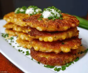 Golden crispy homemade corn fritters served on a plate with fresh herbs, perfect for breakfast or snack.