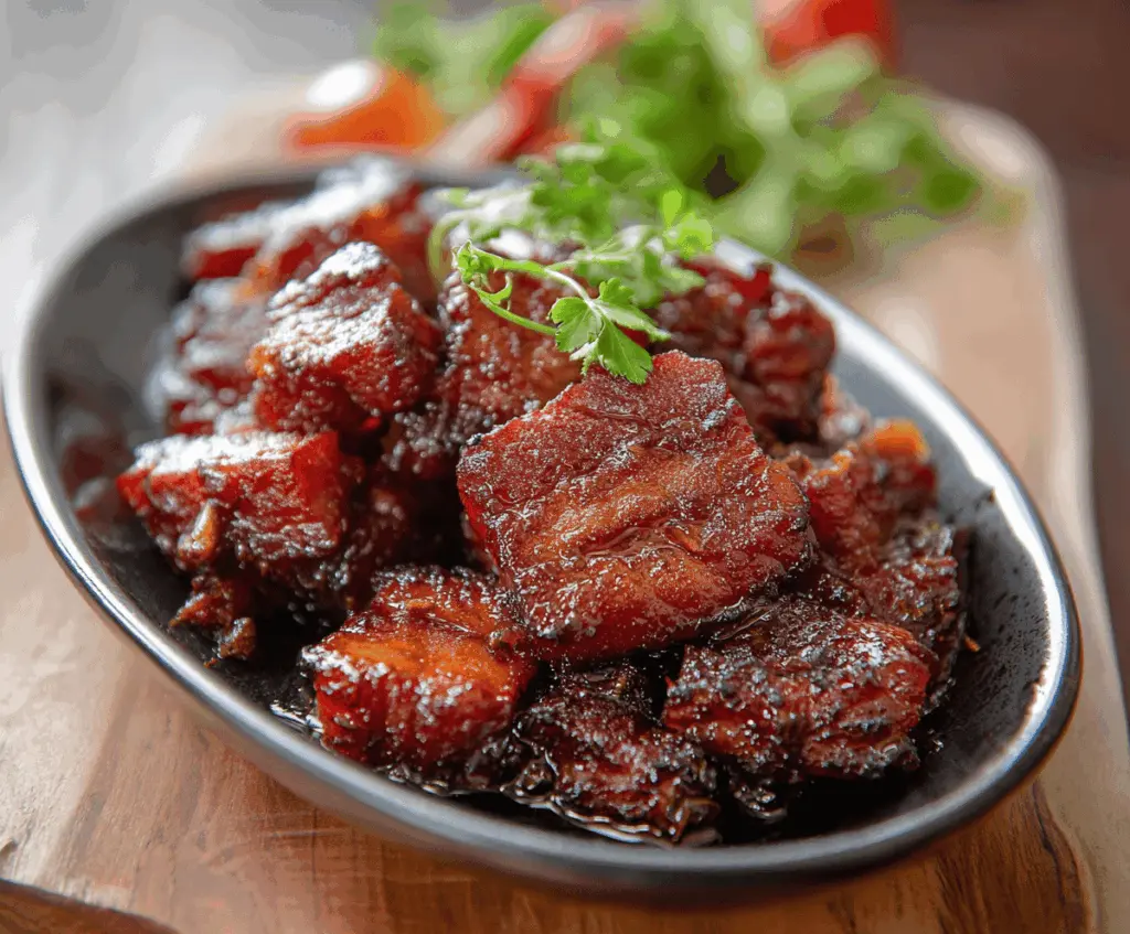 Delicious homemade Filipino pork tocino served on a plate, showcasing its savory, caramelized exterior and tender interior.