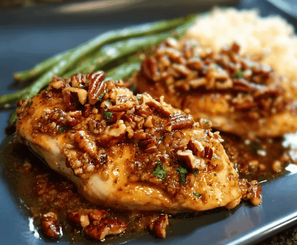 Delicious Honey Garlic Pecan Chicken served on a plate with a side of fresh vegetables, showcasing a crispy glazed chicken topped with toasted pecans and a honey garlic sauce.