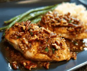 Delicious Honey Garlic Pecan Chicken served on a plate with a side of fresh vegetables, showcasing a crispy glazed chicken topped with toasted pecans and a honey garlic sauce.
