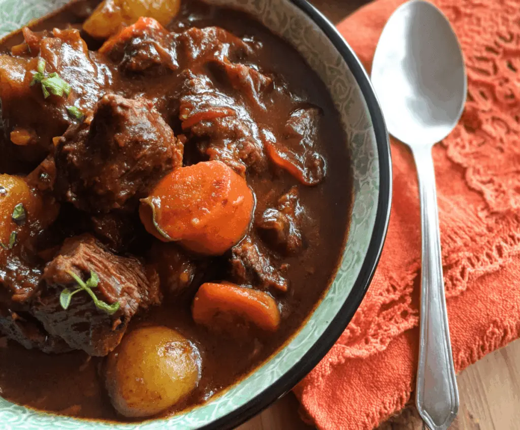 Hearty Instant Pot Chocolate Stout Beef Stew with tender beef, vegetables, and rich chocolate stout broth in a rustic bowl