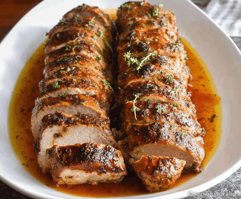 Juicy baked pork tenderloin served with roasted vegetables on a plate.