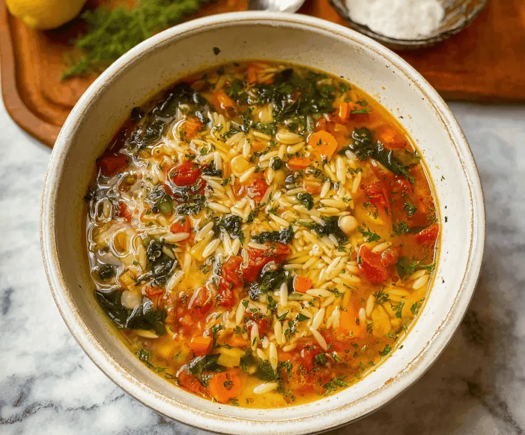 Creamy Mediterranean Orzo Soup with fresh vegetables and herbs in a bowl.
