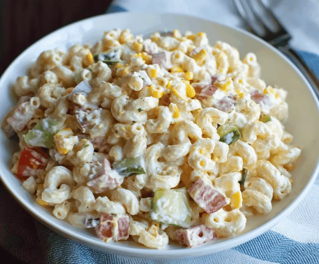 Colorful Mexican Macaroni Salad with fresh vegetables, herbs, and a zesty dressing, perfect for parties and gatherings