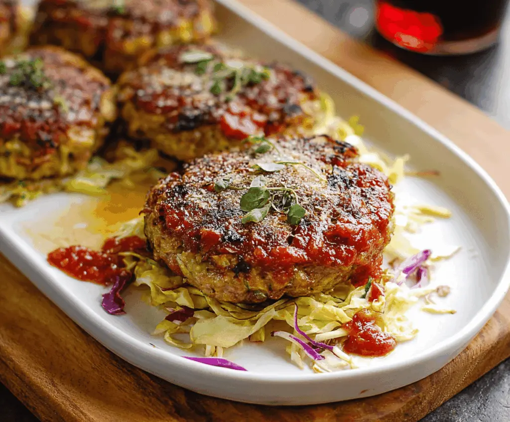 Delicious oven-baked cabbage burgers with crispy edges and fresh ingredients on a plate
