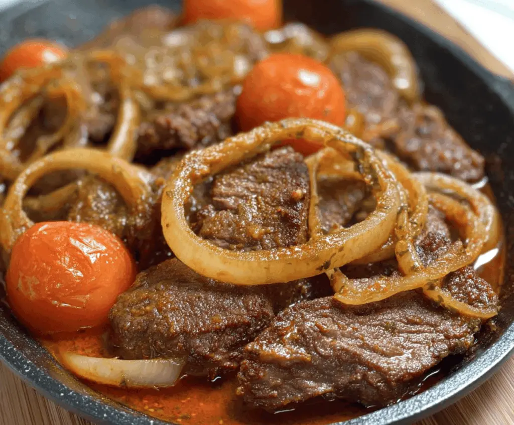 Delicious Puerto Rican steak with caramelized onions served on a plate.