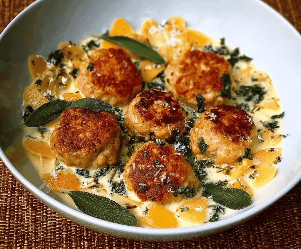 Delicious pumpkin chicken meatballs served in sage cream sauce, perfect for fall-inspired bites
