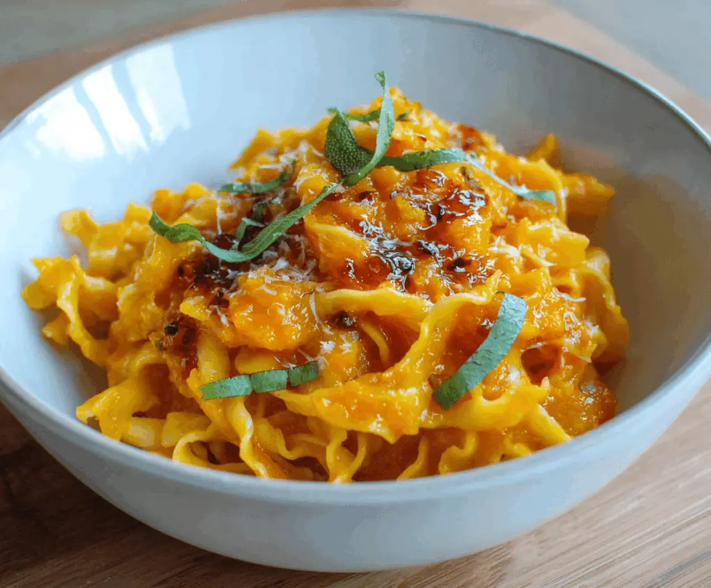 Creamy pumpkin puree pasta sauce garnished with fresh herbs in a bowl, perfect for fall-inspired meals