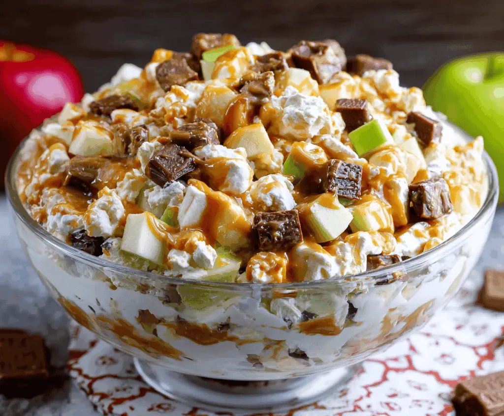Delicious Snickers Apple Salad topped with caramel and whipped cream, featuring fresh apple slices and chopped Snickers bars on a white plate.