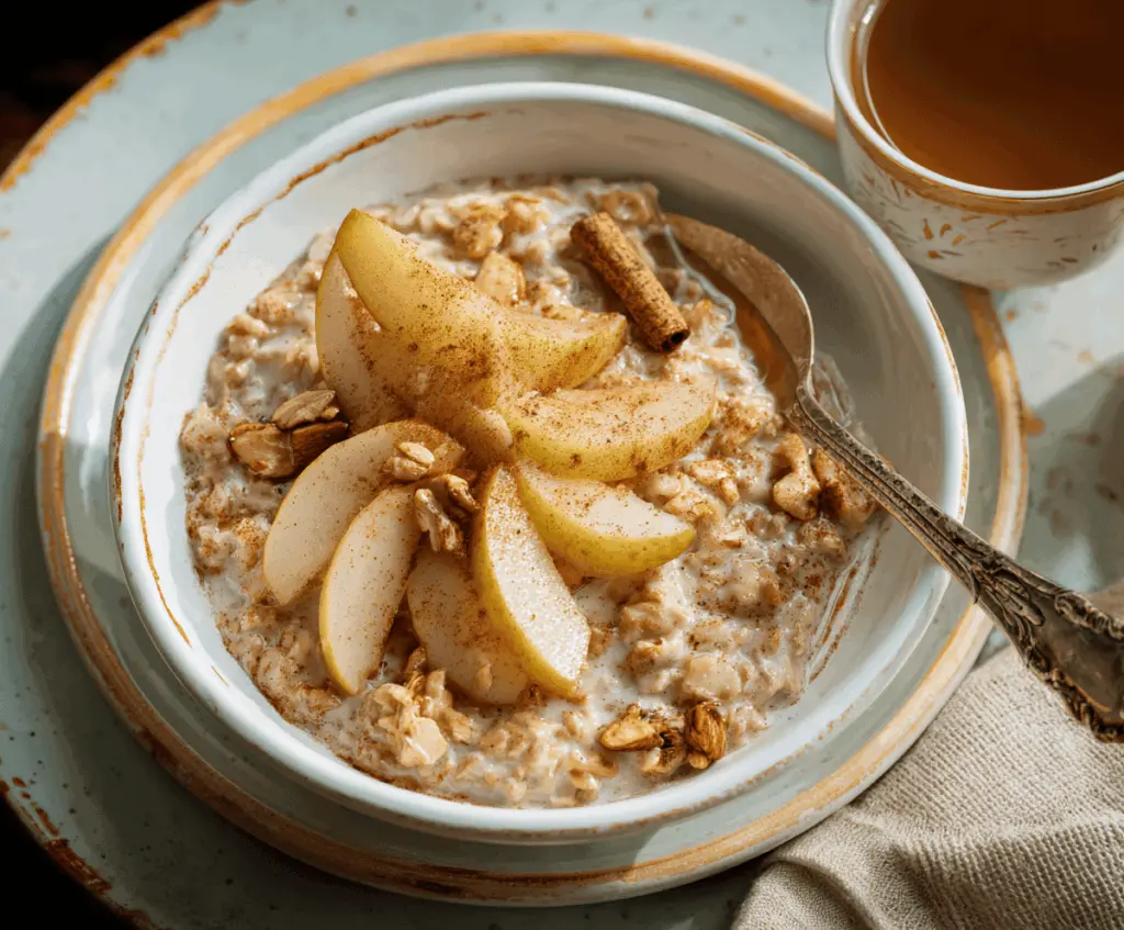 Creamy spiced pear oatmeal topped with cinnamon and chopped nuts, served in a bowl for a warm, nutritious breakfast.