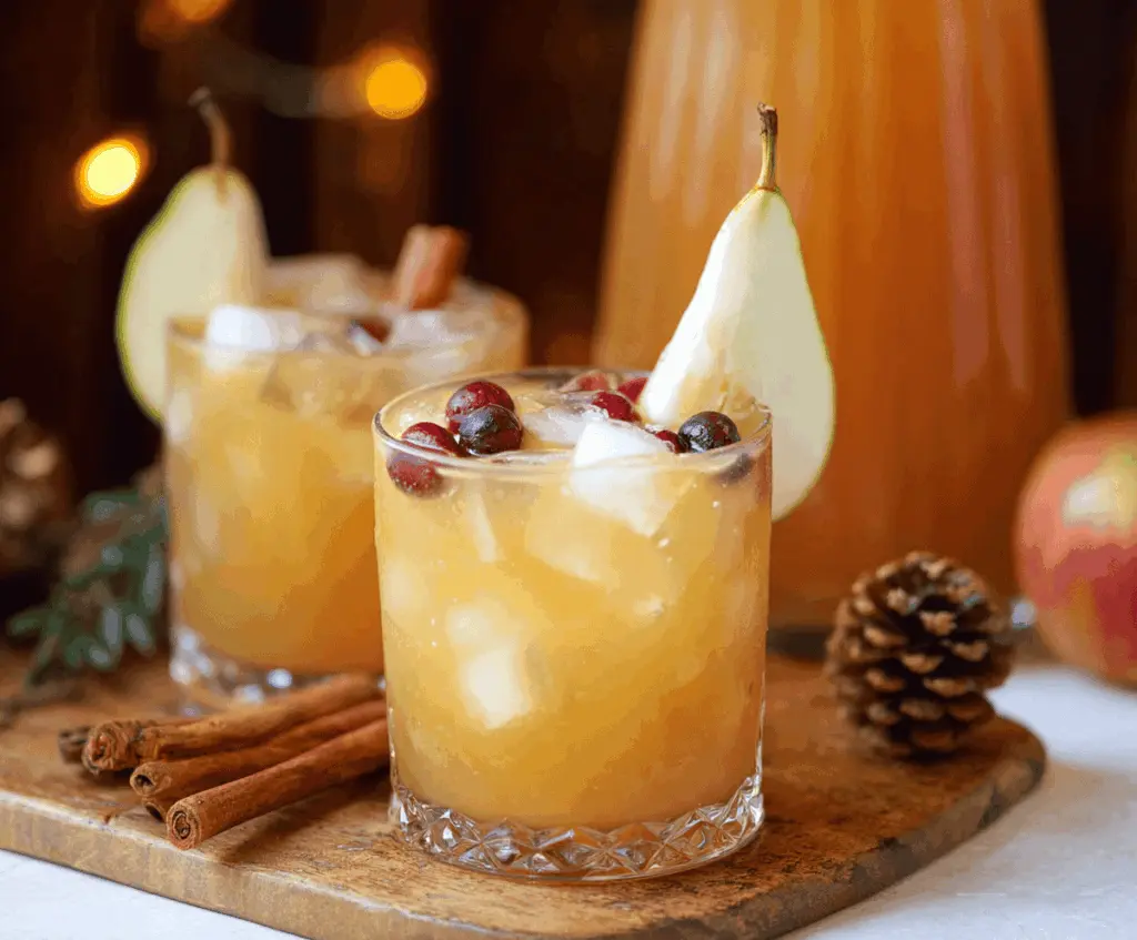 Festive Thanksgiving Punch featuring non-alcoholic spicy pear beverage with fresh pear slices, cinnamon sticks, and holiday garnishes