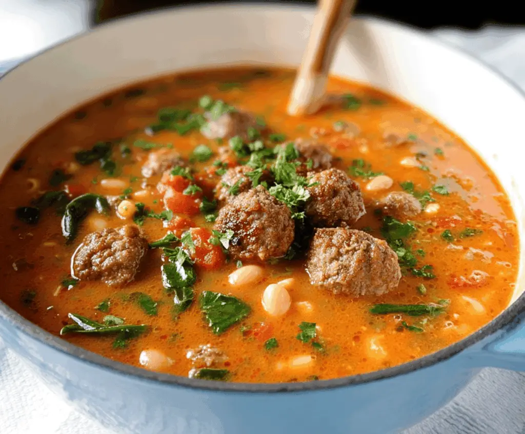 Hearty bowl of The BEST Meatball Bean Soup with meatballs, beans, vegetables, and fresh herbs in a savory broth.