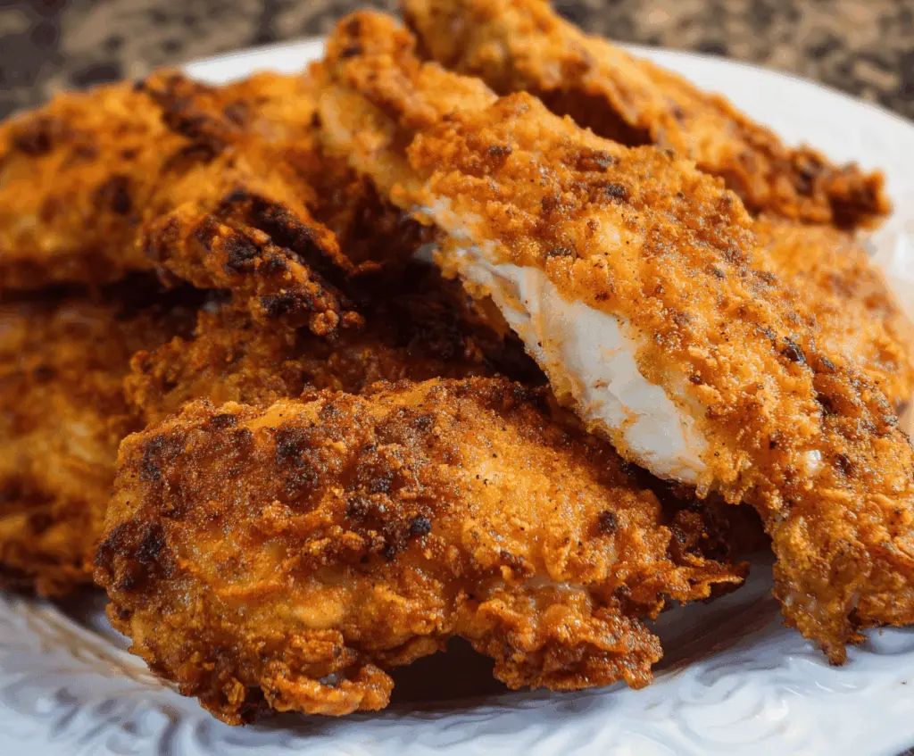 Crispy oven-fried chicken on a platter with golden-brown coating, perfect for a delicious Truly Crispy Oven Fried Chicken recipe
