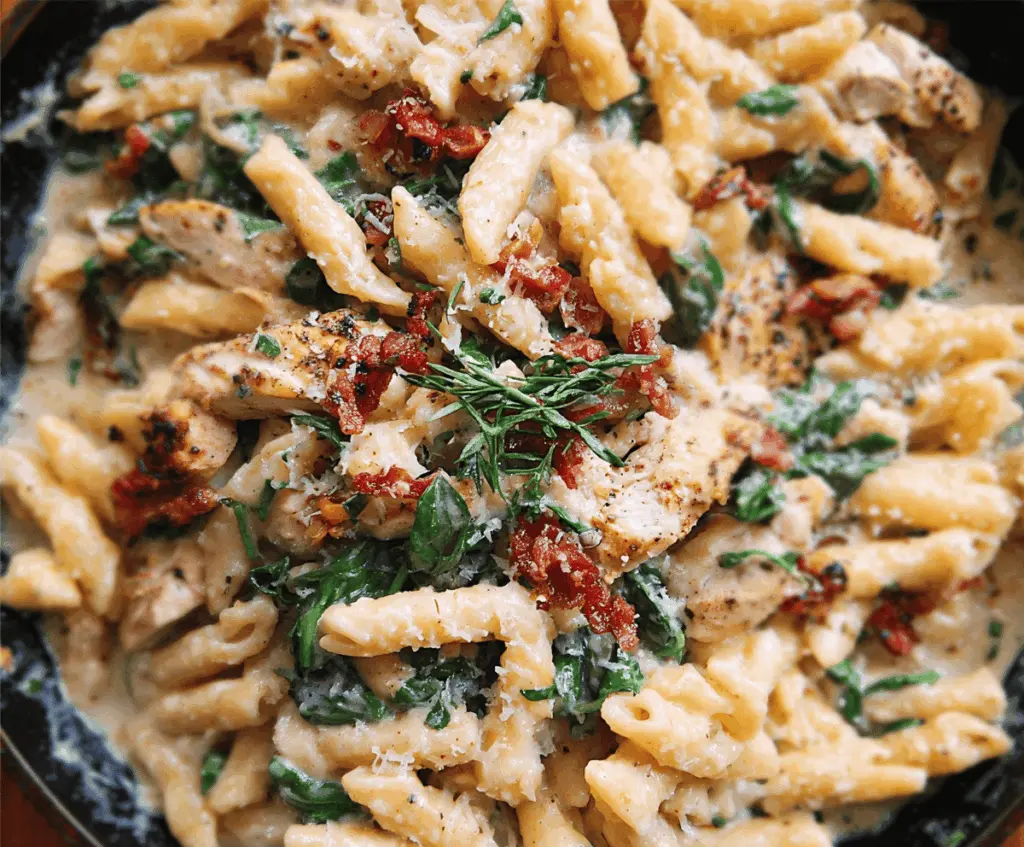 Delicious Tuscan Chicken Pasta dish with creamy sauce, sun-dried tomatoes, and fresh herbs on a plate.