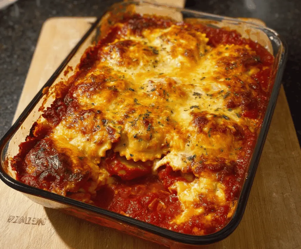 Delicious 3 Ingredient Ravioli Bake with melted cheese and flavorful sauce, a quick and easy lazy lasagna recipe.