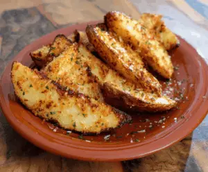 Golden baked garlic Parmesan potato wedges on a plate, crispy and flavorful, perfect as a snack or side dish.