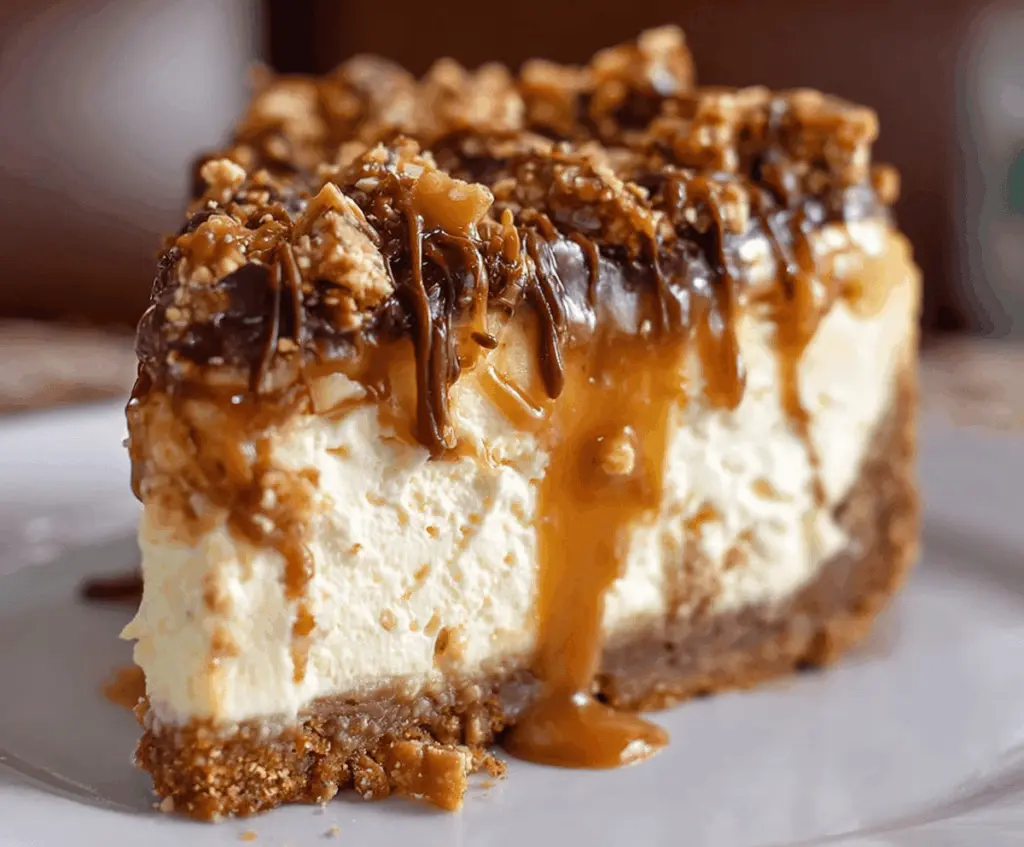 Delicious Caramel Toffee Crunch Cheesecake with a luscious caramel topping and crunchy toffee bits