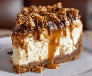 Delicious Caramel Toffee Crunch Cheesecake with a luscious caramel topping and crunchy toffee bits