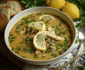 Delicious Chicken Piccata Soup with lemon, capers, and tender chicken pieces in a savory broth