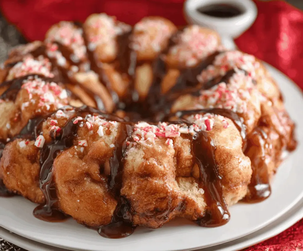 Delicious Christmas Monkey Bread with cinnamon and festive toppings on a holiday table.