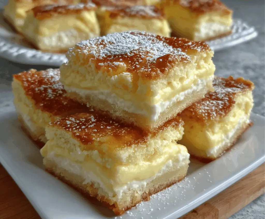 Delicious Cream Cheese Custard Bars with a creamy filling and golden crust on a plate.
