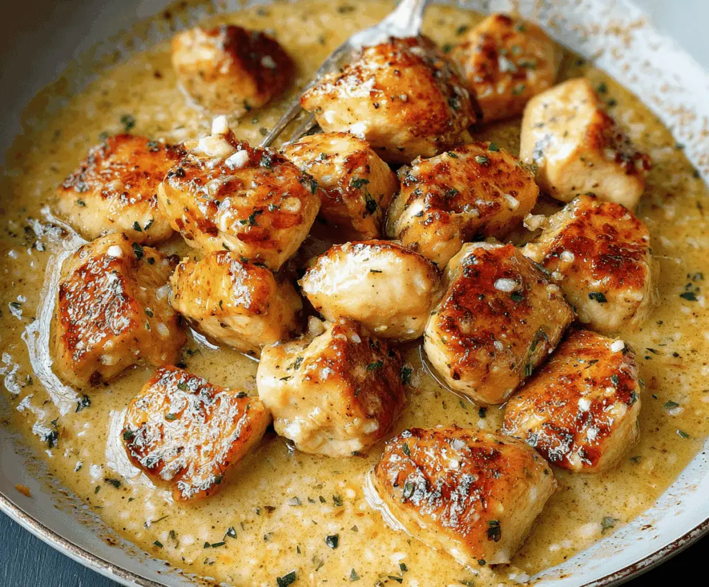 Creamy garlic chicken bites served on a plate with fresh herbs, showcasing a delicious and savory meal.