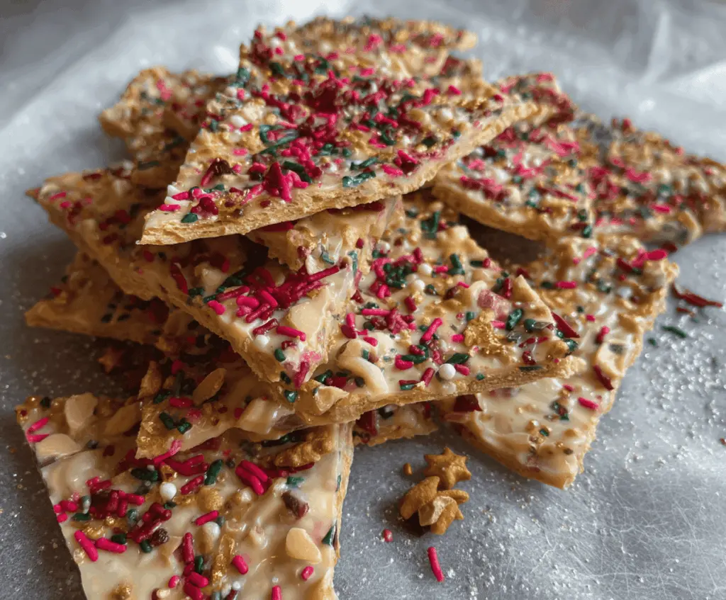 Crispy Protein Christmas Bark decorated with festive red and green toppings for holiday celebration
