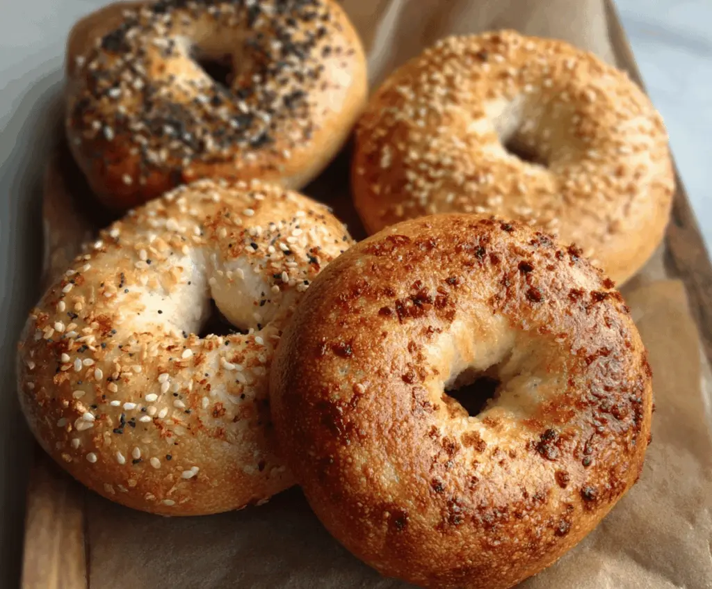 Freshly baked homemade New York bagels on a wire rack, golden brown and chewy.