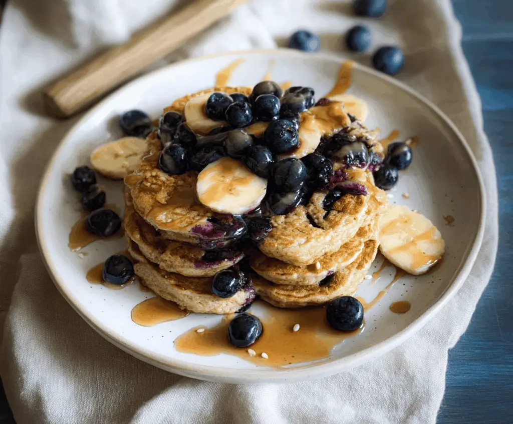 Delicious fluffy vegan blueberry pancakes stacked on a plate with fresh blueberries and syrup.