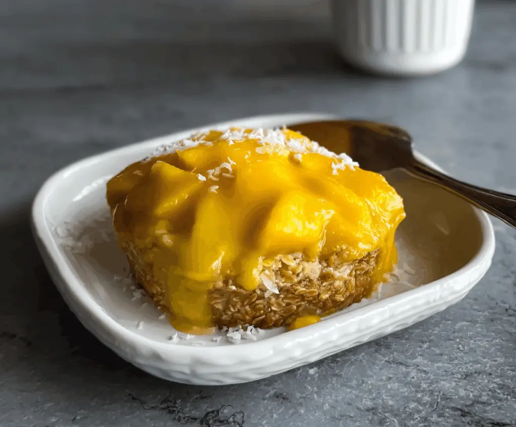 Delicious Mango Coconut Baked Oats served in a bowl, topped with fresh mango slices and shredded coconut.