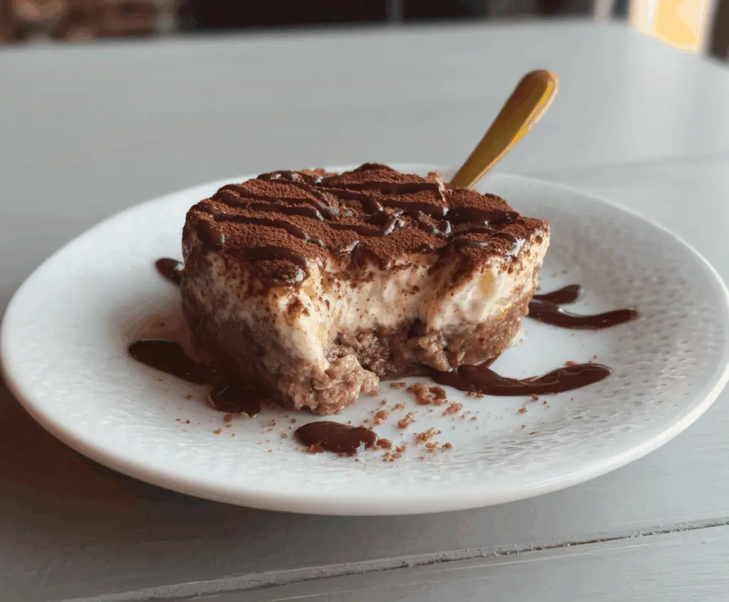 Delicious Mocha Tiramisu Baked Oats served with coffee and cocoa powder for a decadent breakfast.