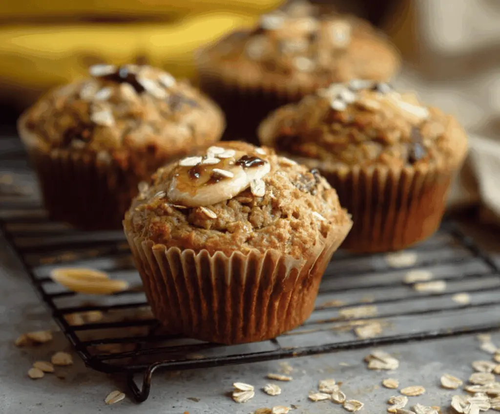 Delicious No-Fuss Banana Oat Muffins on a plate, showcasing their golden-brown top and moist texture.
