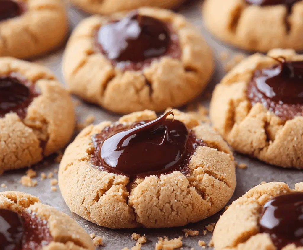 Homemade peanut butter thumbprint cookies with jam filling on a baking tray