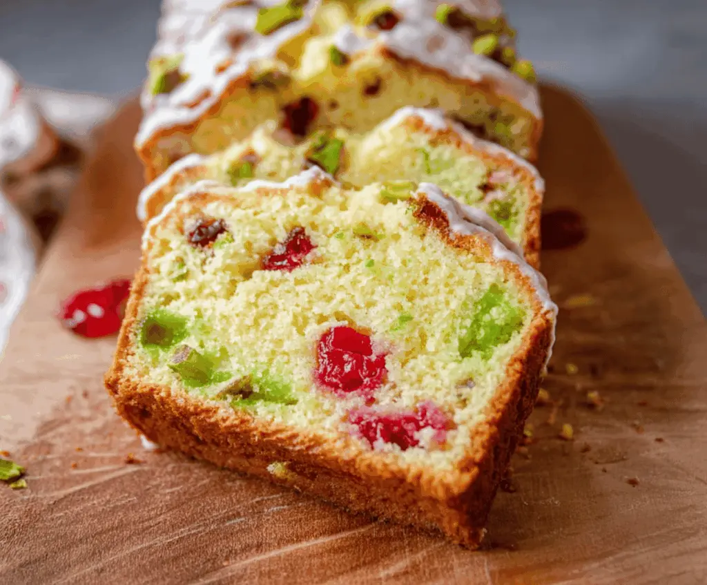 Delicious pistachio cherry bread fresh out of the oven, showcasing vibrant green pistachios and red cherries.
