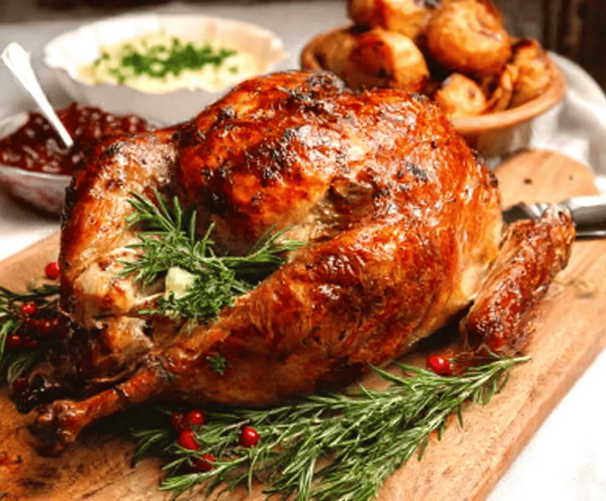 Golden roasted turkey on a platter