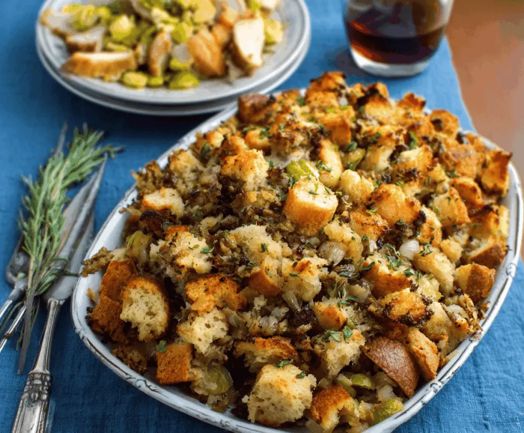 Delicious roasted Thanksgiving turkey with fluffy stuffing on a festive table.