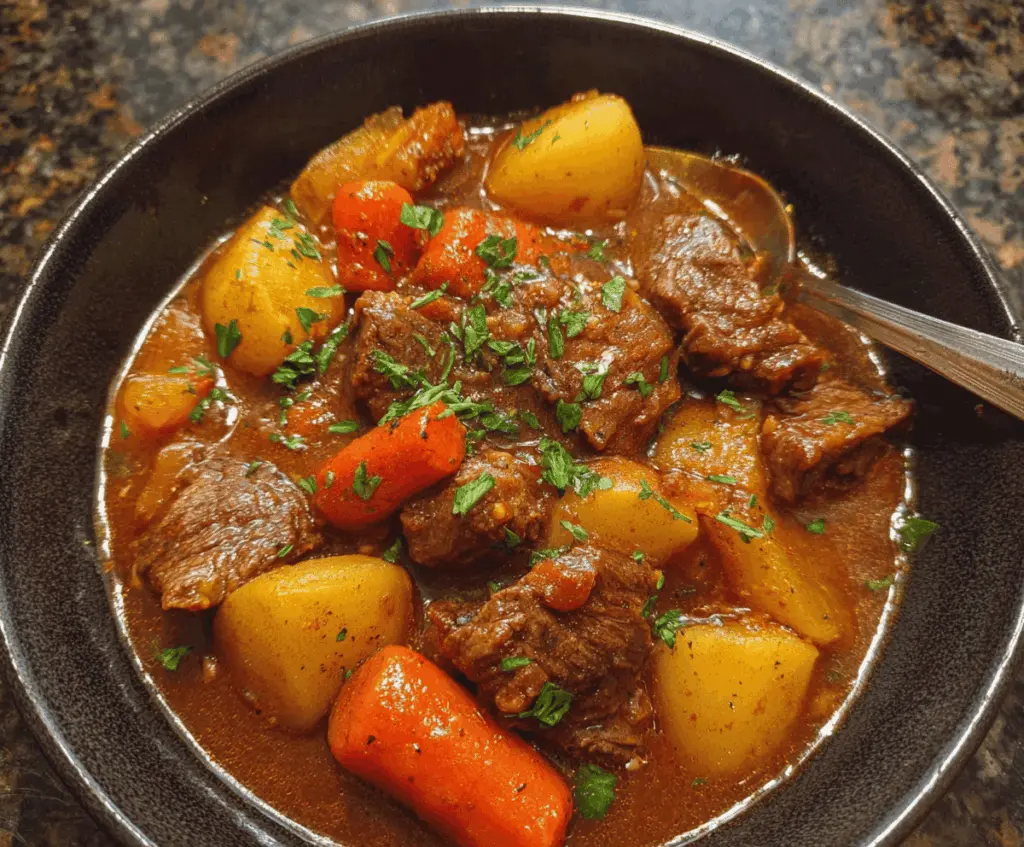 Delicious tender beef stew in a crock pot with vegetables and herbs, perfect comfort food.