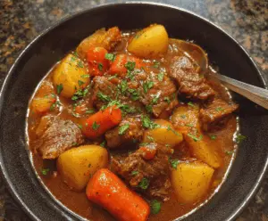 Delicious tender beef stew in a crock pot with vegetables and herbs, perfect comfort food.